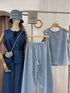 Denim Round Neck Pleated Back Tops with Trousers Sets